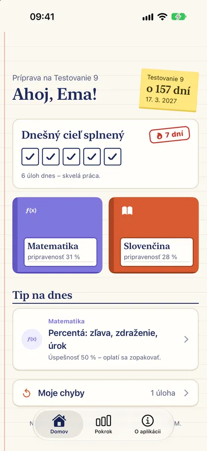 Domovská obrazovka: denný cieľ, séria a zošity Matematika a Slovenčina