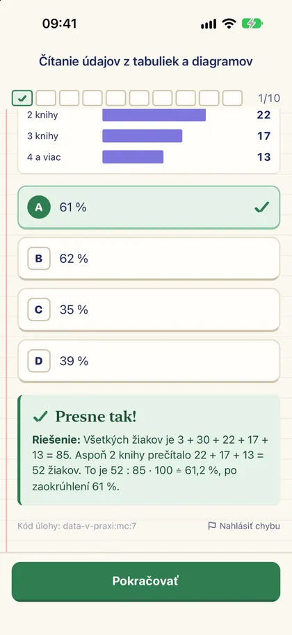 Úloha s vyhodnotením: nesprávna odpoveď je prečiarknutá a pod ňou je riešenie