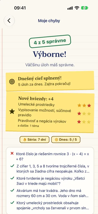 Výsledok cvičenia: pečiatka 4 z 5 správne a nové hviezdy